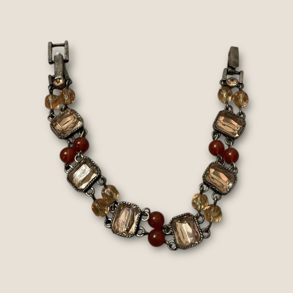 Avon Vintage Bracelet With Red & Amber Beads Rhinestones & Silver-Tone Finish